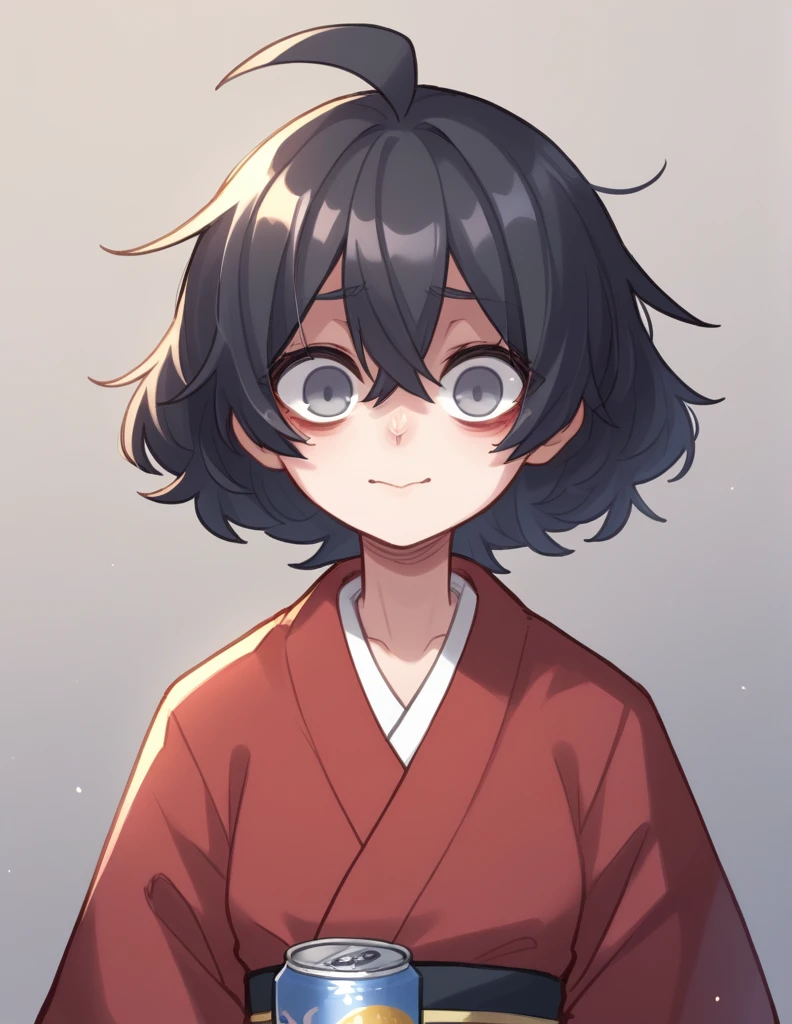 1 girl, alone, ppka, black fur, short hair, messy fur, Ahoge, parts, parts all over the body, grey eyes, empty eyes, blind, nervous, Slight smile, cute look,
red kimono, flower kimono, also a negro, ribbon on the hip, list brook moño atras de la cabeza, list brook, can