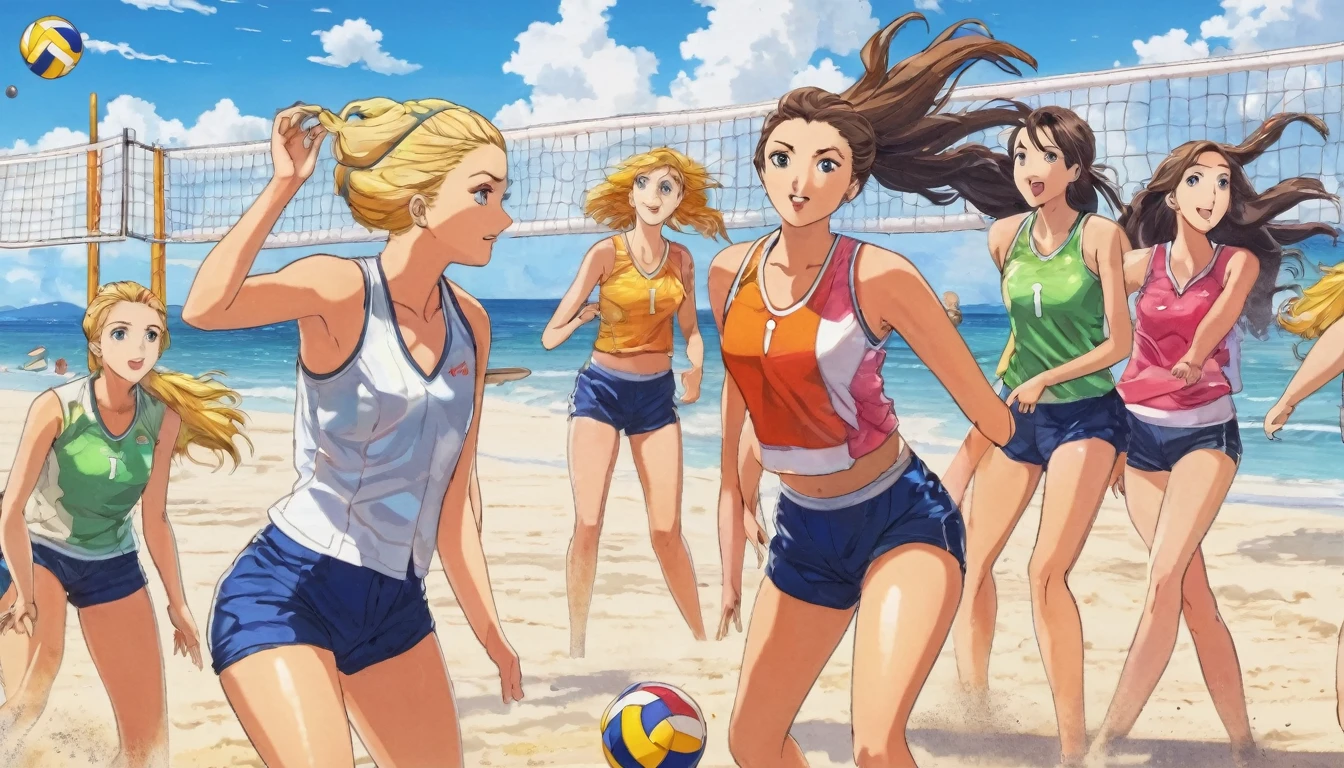 (masterpiece, best quaility, High detail, vivid colors, very beautiful and detailed faces:1.2), A group of girls playing volleyball on the beach, girls in bikini, anime screencap, the background is a beach during the day