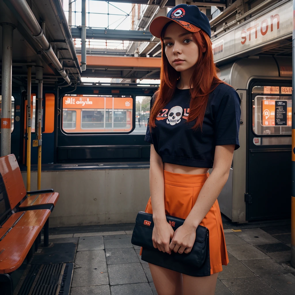 1 girl, Alone, Red hair, Red eyes, two tails, employee uniform, tube skirt, skull print, navy blue cap, Orange sky,, outdoor, train station, standing in front of the bus,,