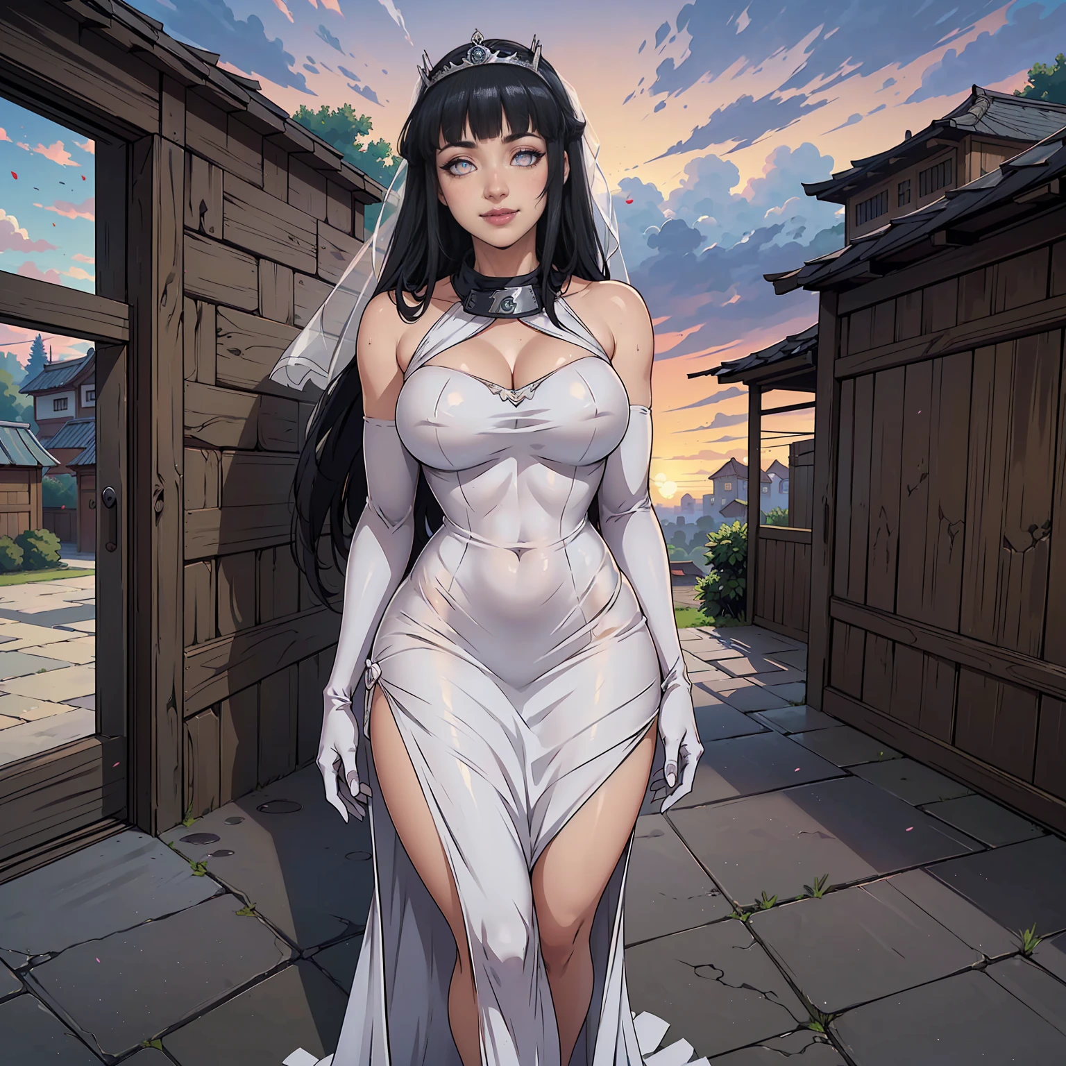H1N4T4, ((long hair, black hair, bangs, glowing white eyes, blind. wide eyes, lipstick, makeup, narrow waist, skinny, medium breasts, alone, gloves, pale skin)), pelvic curtain, ((white dress, wedding dress, Scooped up the ass, gloves, tiara)), full body, perfect body, (insanely detailed, beautiful detailed face, masterpiece, best quality) , (((solo))), (((1girl))), (((mature))), (extremely detailed 8k paper CG wall unit: 1.1), (wedding, konohavillage, konoha gate walls, flower, at dawn, zebra cross, cloudy sky, dusk), (smile face for the viewer), big ass, from back, behind, View from above, Diagonal view