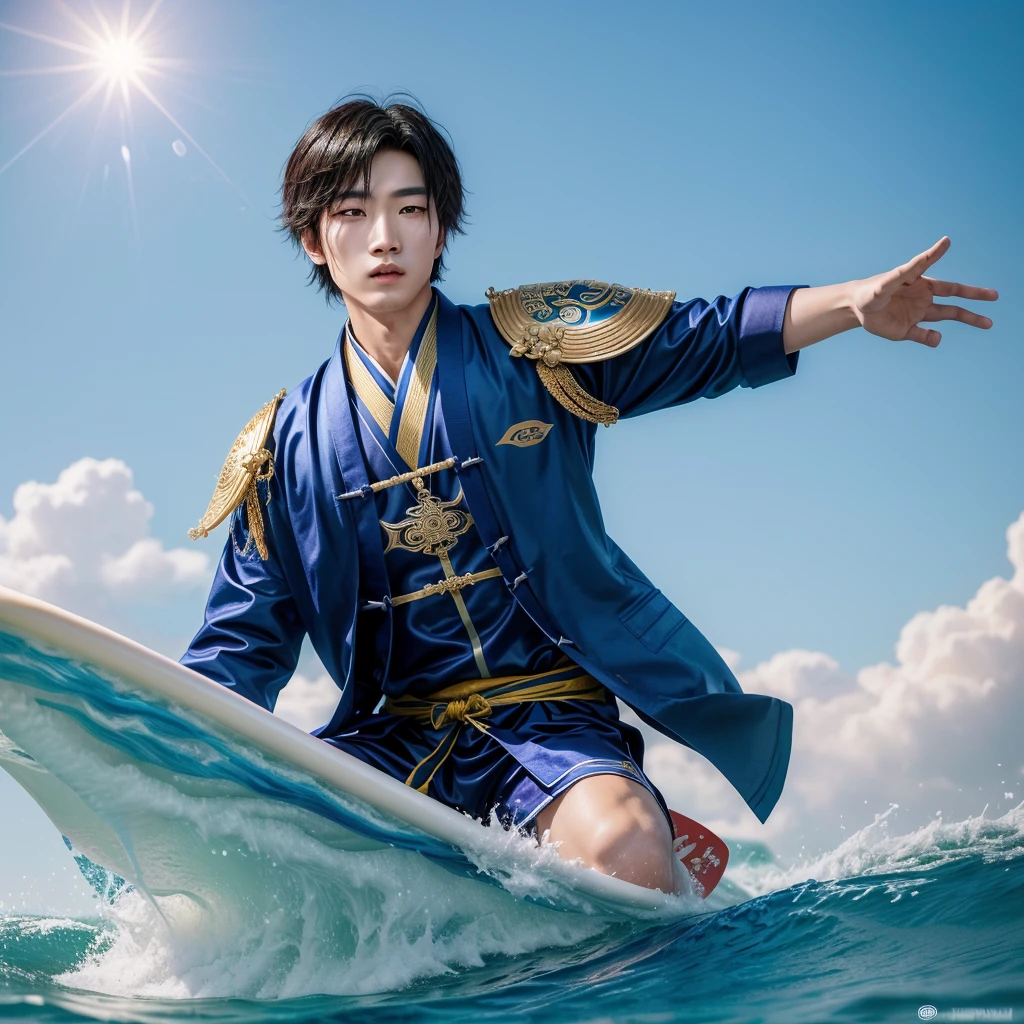 a close-up of a person in costume on a surfboard, keqing do impacto genshin, heise jinyao, inspired by Huang Shen, zhongli do impacto genshin, inspired by Shen Zhou, personagem de impacto genshin, zhao yun, inspired by Du Jin, inspired by Huang Ding, inspired by Yang Jin, inspirado em Hong Ren, Guanyu
