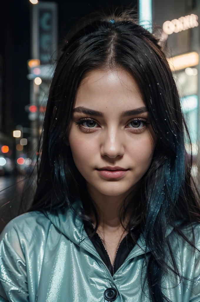 A girl with long blue hair. Her face is exquisite, with high cheekbones and smooth fair skin. Her large black eyes, framed by long thick eyelashes, are impressive and expressive, radiating calmness and confidence. Well-defined eyebrows curve gracefully above her eyes, adding intensity to her gaze. She has a small, straight nose and full, slightly parted lips that curve into a slight smile, revealing hints of mischief and allure. 8k photo portrait of a woman with in a pastel raincoat, looking at the camera, at a bustling crosswalk at night, wet reflections, Highly Detailed, Vibrant, Production Cinematic, reflections on wet street, 8k, film grain, 70mm, Portra 800
