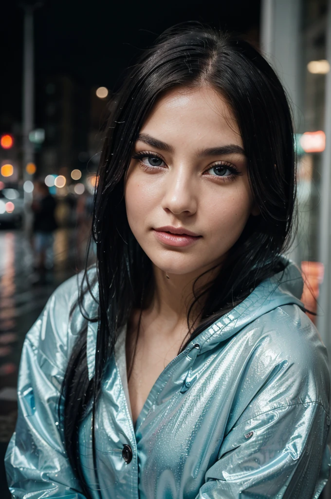 A girl with long blue hair. Her face is exquisite, with high cheekbones and smooth fair skin. Her large black eyes, framed by long thick eyelashes, are impressive and expressive, radiating calmness and confidence. Well-defined eyebrows curve gracefully above her eyes, adding intensity to her gaze. She has a small, straight nose and full, slightly parted lips that curve into a slight smile, revealing hints of mischief and allure. 8k photo portrait of a woman with in a pastel raincoat, looking at the camera, at a bustling crosswalk at night, wet reflections, Highly Detailed, Vibrant, Production Cinematic, reflections on wet street, 8k, film grain, 70mm, Portra 800