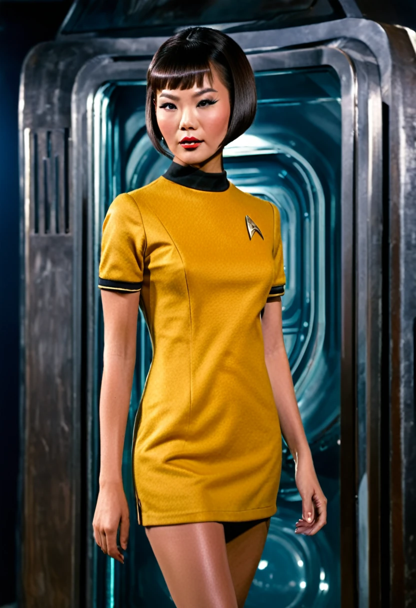 provocative, sexy, very sexy, flirtatious, arousing, revealing, sensuous, teasing ((wearing star trek original series 70s once piece mini dress bridge crew uniform)) (asian crew member with bob haircut and slim figure) ((in the style of a retro-futuristic, retro-scifi film set) ((in the style of a 70s erotic movie, soft focus, cinematic, pulp, porn, retro porn, 1970s film) ((ultra realistic, detailed and dynamic)) (nikon d850 film 4 kodak portra 400 camera f1.6 lens, rich colors, hyper realistic, lifelike texture, dramatic lighting, cinestill 800 tungsten, (RAW photo, nikon, 8k, Super detailed, advanced details, intricate details, Super detailed), (award winning photo, masterpiece), (photo-realistic) ((anatomically correct, High precision human body, highly detailed face, realistic skin)) Lighting: Face lighting, Ray tracing, reflective light, Structurally correct)