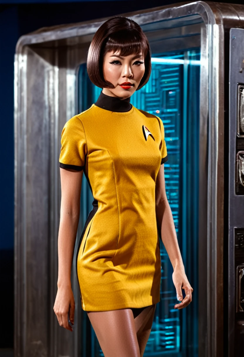 provocative, sexy, very sexy, flirtatious, arousing, revealing, sensuous, teasing ((wearing star trek original series 70s once piece mini dress bridge crew uniform)) (asian crew member with bob haircut and slim figure) ((in the style of a retro-futuristic, retro-scifi film set) ((in the style of a 70s erotic movie, soft focus, cinematic, pulp, porn, retro porn, 1970s film) ((ultra realistic, detailed and dynamic)) (nikon d850 film 4 kodak portra 400 camera f1.6 lens, rich colors, hyper realistic, lifelike texture, dramatic lighting, cinestill 800 tungsten, (RAW photo, nikon, 8k, Super detailed, advanced details, intricate details, Super detailed), (award winning photo, masterpiece), (photo-realistic) ((anatomically correct, High precision human body, highly detailed face, realistic skin)) Lighting: Face lighting, Ray tracing, reflective light, Structurally correct)