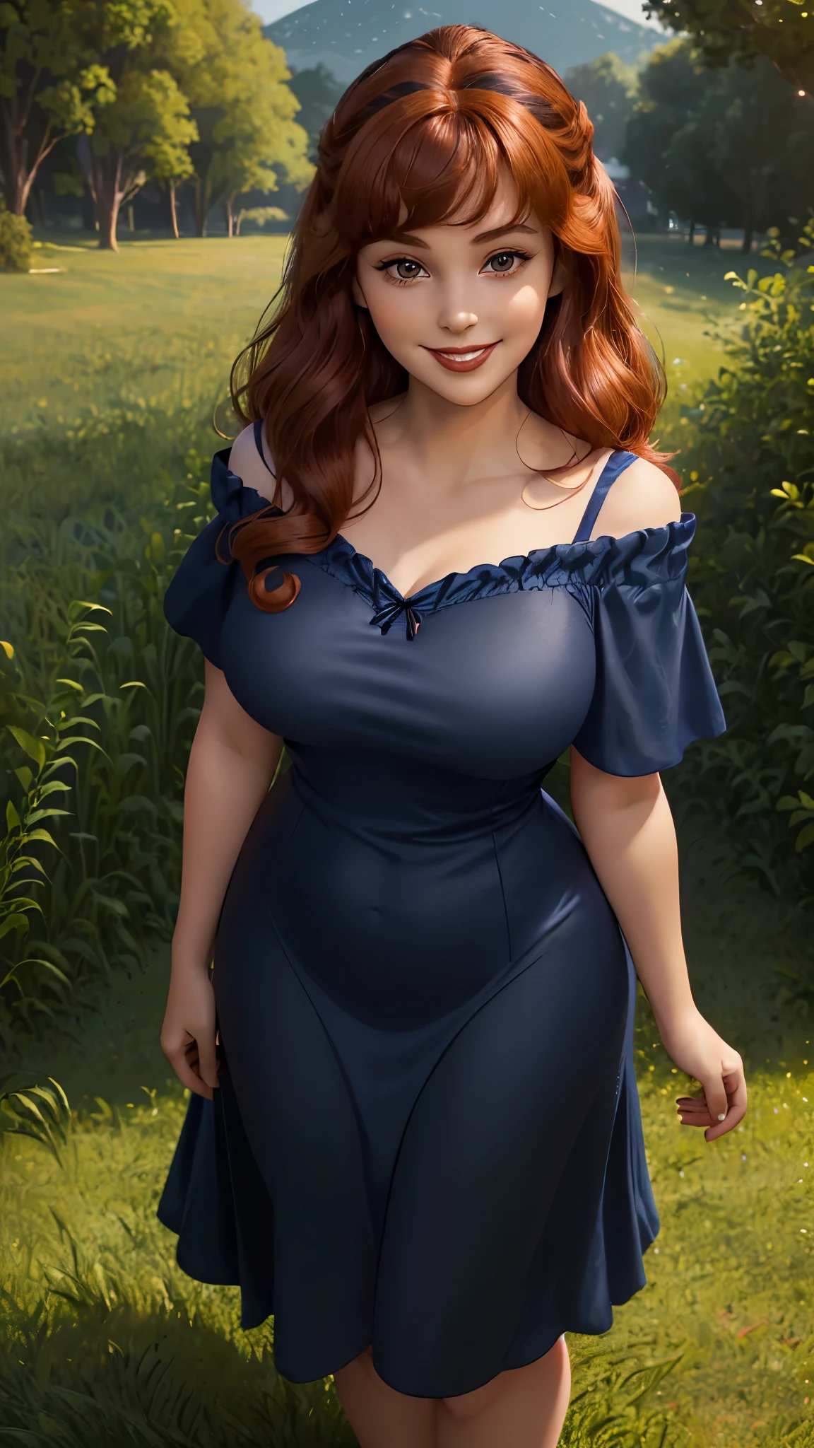 DisneyAurora, 27 years old, full body view Beautiful woman (((shoulder length wavy auburn hair, two side up with bangs))) defined body, voluptuous, sexy, Red lipstick, hands free, (((mouth slightly open, smiling))) (((standing facing camera))) ((( short sleeve, navy blue nightgown ))), in moonlit grassy field (large_breasts:1.2) (curvy:1.1)(chubby:0.9)