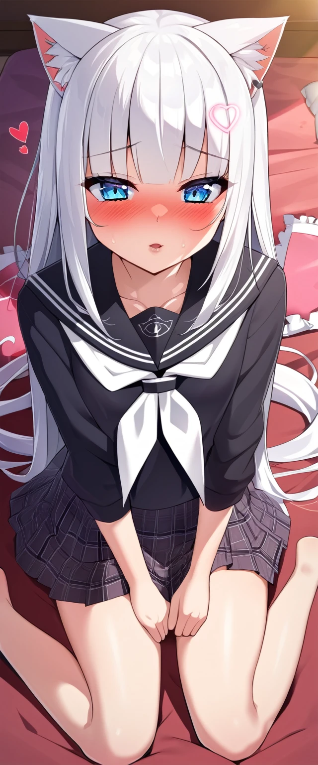 one girl, black sailor uniform, plaid skirt, long sleeve, naive, cat ears, thirteen years old, long hair, light blue eyes, white hair, aphrodisiac, heart mark, hypnosis, on bed, wariza, estrus, pure, sexy face, pure, sunburned skin