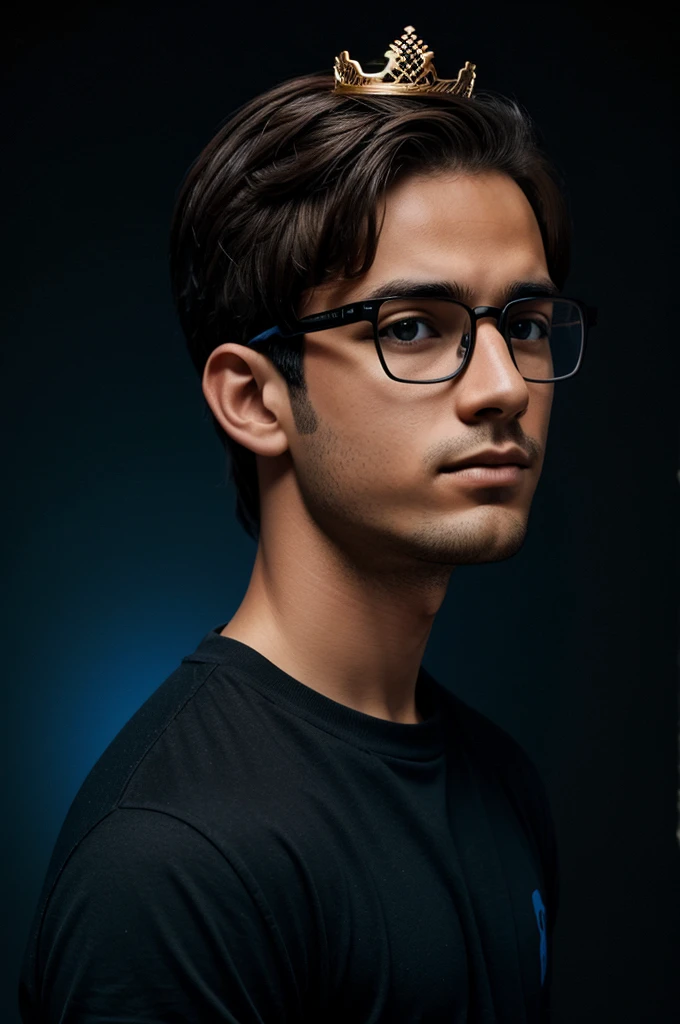 A boy with a crown, glasses, brown hair, an all-black background and a blue aura