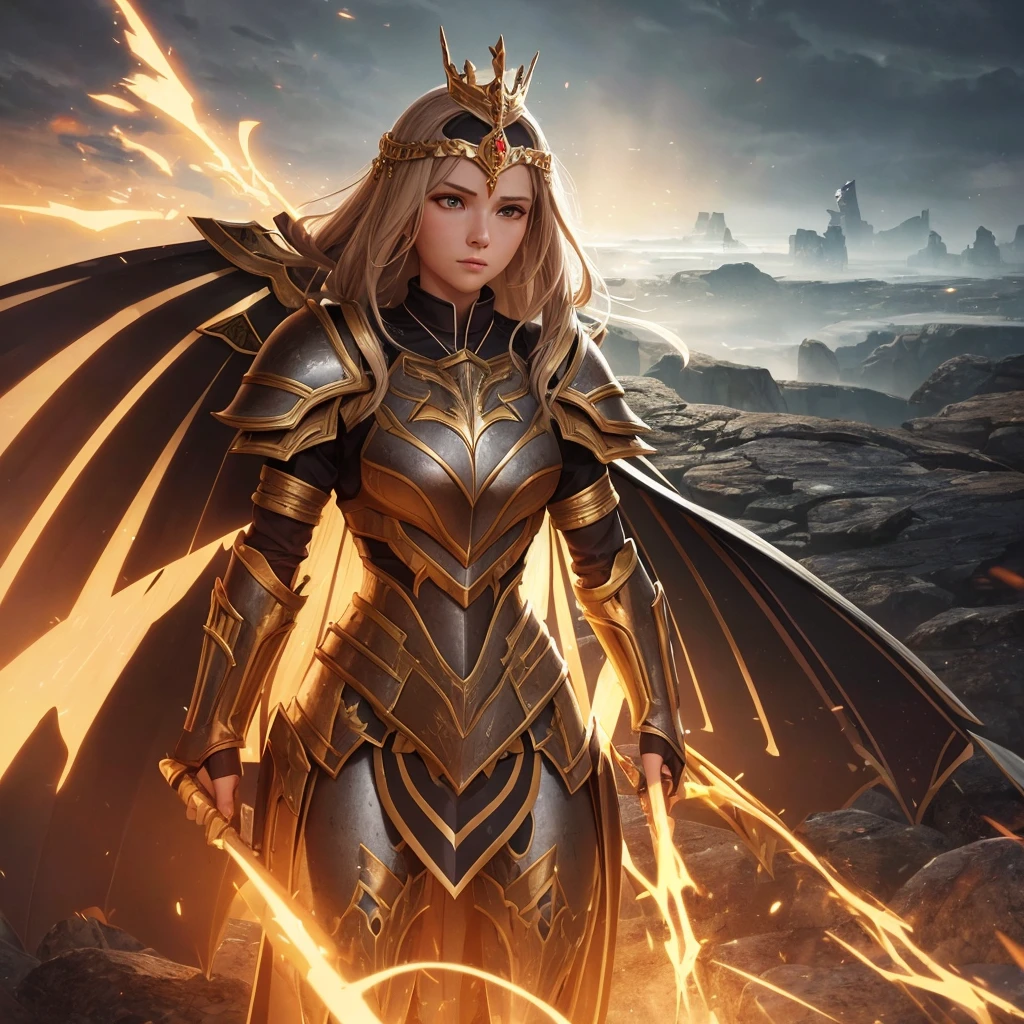young queen shamn, armor, moth wings, glory clouds, well lit, 4k, unreal engine, greg rutkowski style, alena aenami style