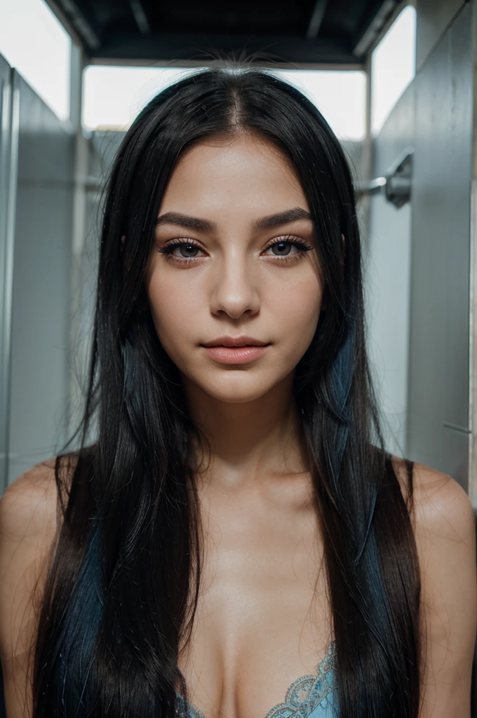 A girl with long blue hair. Her face is exquisite, with high cheekbones and smooth fair skin. Her large black eyes, framed by long thick eyelashes, are impressive and expressive, radiating calmness and confidence. Well-defined eyebrows curve gracefully above her eyes, adding intensity to her gaze. She has a small, straight nose and full, slightly parted lips that curve into a slight smile, revealing hints of mischief and allure. A dreamer. Field of dreams, minimalism -ar 3:2 -s 1000