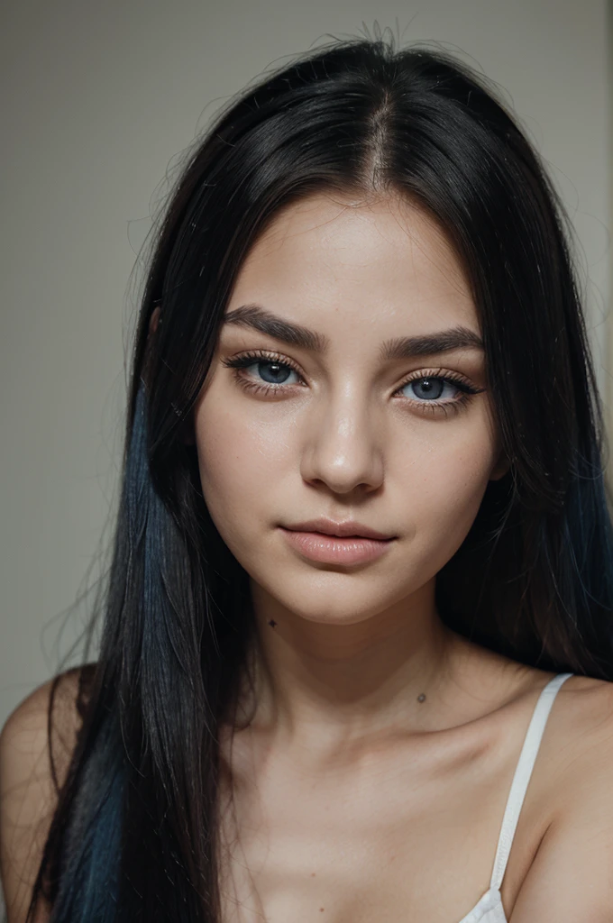 A girl with long blue hair. Her face is exquisite, with high cheekbones and smooth fair skin. Her large black eyes, framed by long thick eyelashes, are impressive and expressive, radiating calmness and confidence. Well-defined eyebrows curve gracefully above her eyes, adding intensity to her gaze. She has a small, straight nose and full, slightly parted lips that curve into a slight smile, revealing hints of mischief and allure. A dreamer. Field of dreams, minimalism -ar 3:2 -s 1000