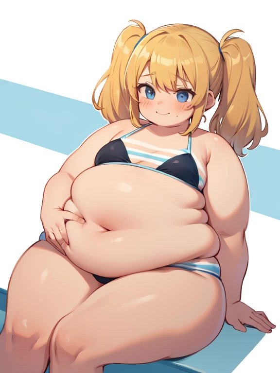 1girl, tan skin, twin ponytails hair, blushing, wide hips, thick thighs, sitting, high angle, smirk, dark yellow hair, light grey blue eyes, obese weight gain cream filled bulging gut, obese thighs, small , bikini