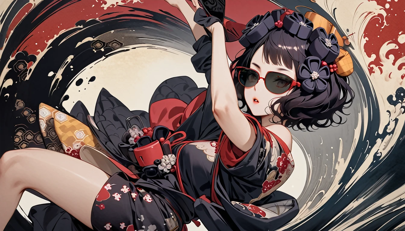 (((Katsushika Hokusai))), (((Ink Painting))), ((Japanese style headphones)), (((Girl possessed by a demon))), ((Light colored sunglasses)), (Japanese pattern hoodie, Japanese pattern shorts), (Black shiny hair, Beige skin), ((dancing)), (surreal, digital painting)