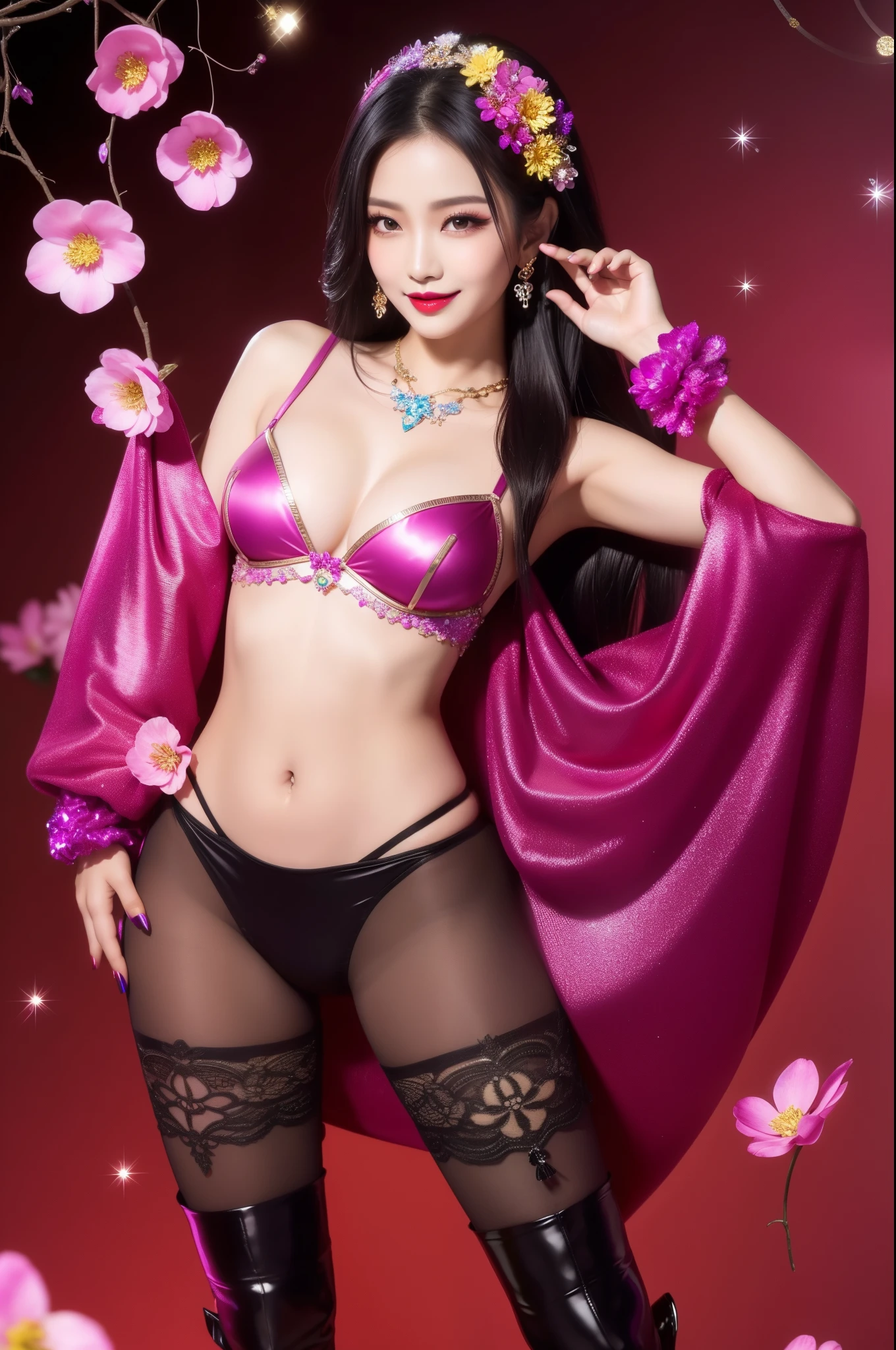 sexy Thai model who controls poison、beautiful smile、lip-gloss、bold lipstick、intense makeup、look at the camera、full body Esbian、、sparkling poisoned flower costume、、、、sparkling Colorful hair、secrete poison、skull hair accessories、sexy tights、shiny sparkling flowers background