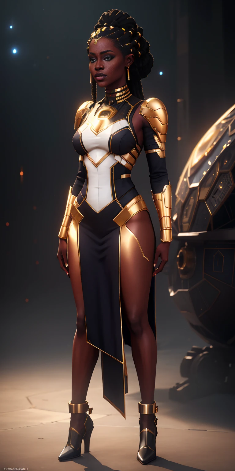 ((Full body photo, standing, feet on the ground))((realistic image of a beautiful African-American woman, dark skin color)), beautiful smile, ((looking at the night sky, standing natural pose, in front of the Millennium Falcon)), wearing mandallor armor, long mega hair hair, dreadlocks, ((kanekalon)), camera view against plongée, golden ratio, dark background lighting, close-up, detailed facial details, perfect face, sharpness, trend art, Sharp facial details, ultra high quality, line art, high fantasy, exquisite, 4k, soft lighting 8k, dreamy --iso 100