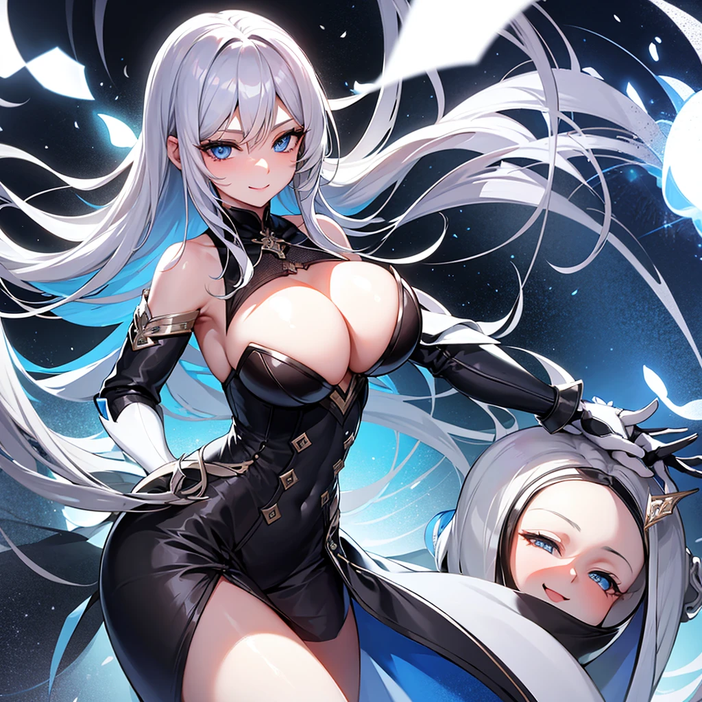 I want to draw a beautiful woman with silver hair, blue eyes, long hair, and big breasts.。Let me smile a little