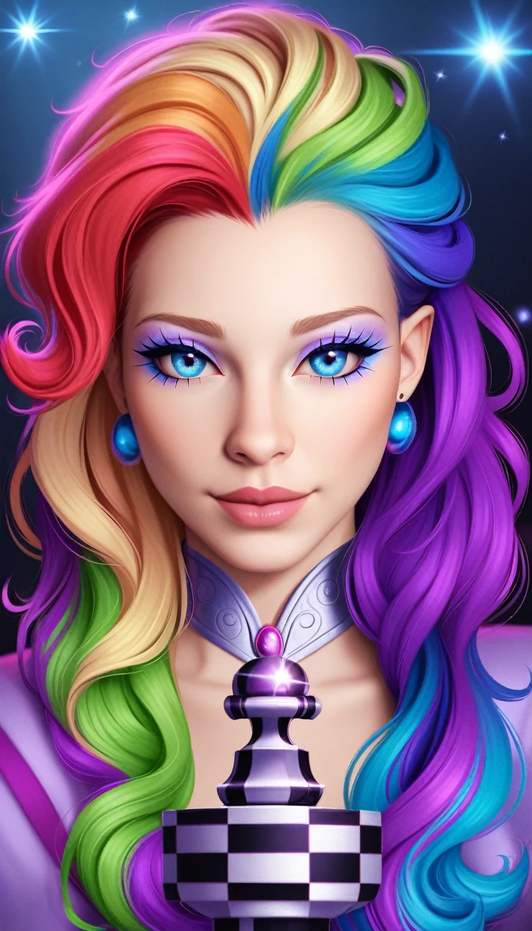 1 girl, queen (chess), rainbow pony, sharp spiral metallic corners, (à la manière d'Aaron Horkey:1.4), (best quality,4k,8k,highres,masterpiece:1.2),ultra-detailed,(realistic,photorealistic,photo-realistic:1.37),intricate design,highly detailed,cinematic lighting,dramatic shadows,vivid colors,fantasy,mystical,digital art