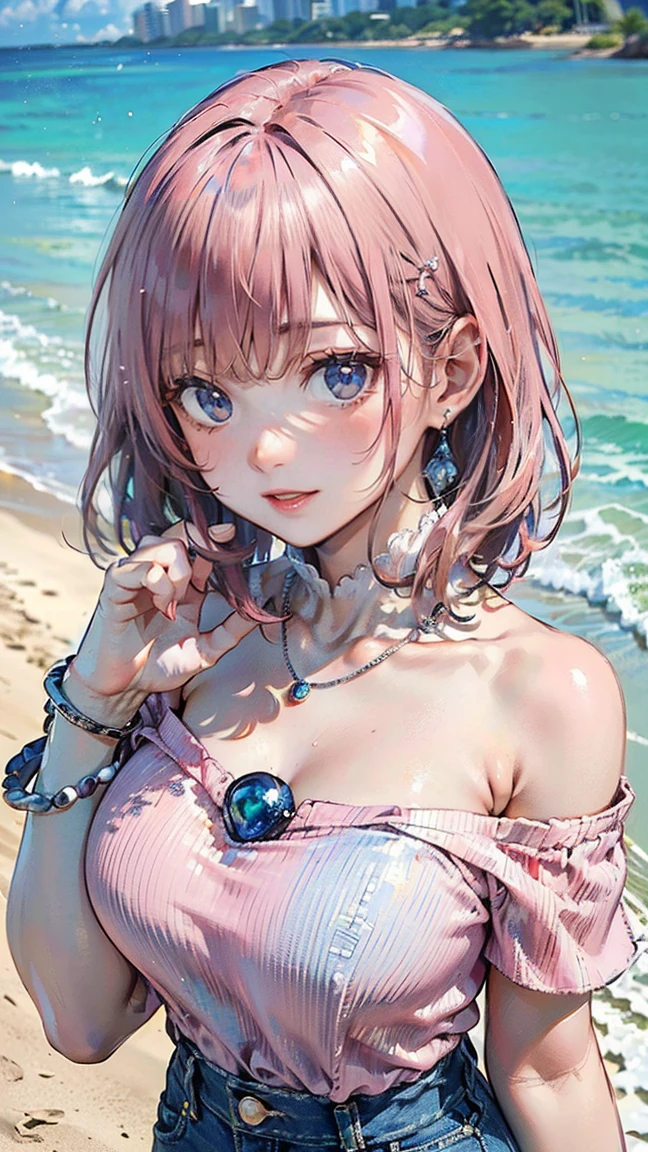 (Masterpiece, BestQuality:1.3), (ultra detailed:1.2), (hyperrealistic:1.3), (RAW photo:1.2), High detail RAW color photo, professional photograph, (Photorealistic:1.4), (realistic:1.4), professional lighting, perfect anatomy, (Big Breasts:1.2), (blush, detailed face), (cheerful Smile:1.5), (Pink Hair:1.5), Trending Hair&Trending Hairカラーをランダムに, earrings, necklace, bracelet, sexly, erotic sexly, Random sexy gravure poses, (A beautiful woman wearing a sapphire blue off-the-shoulder top and denim shorts、A refreshing smile at the beach、Silver Anklet、Shell picking pose。: 1.3)