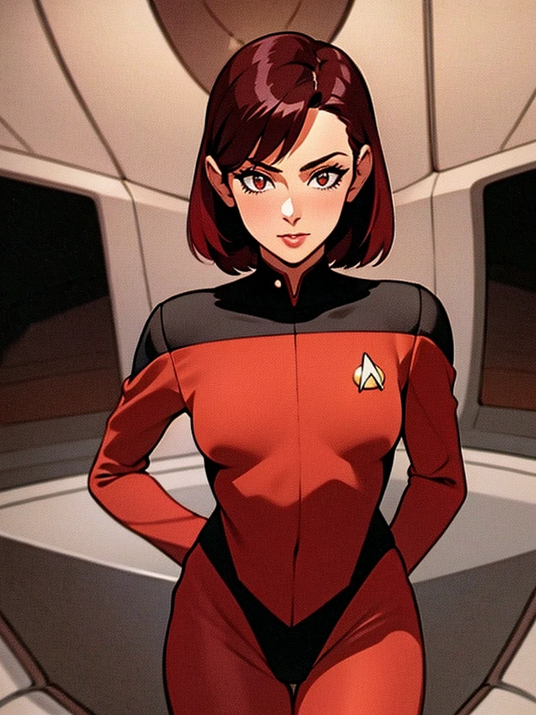 Outstanding picture quality, outstanding details, Ultra-high resolution, (Realism: 1.4), ((close up:0.75)), the best illustration, favor details, Highly concentrated for 1 very young Martian woman, beautiful and delicate face, Short tousled hair, Painted in fiery scarlet color(Vermilion hair), Brilliant golden eyes with vertical pupils, A very vulgar look, Bronzed Skin, sexually licks lips, Perfectly proportioned, (Slim:0.3, small breasts with hardened nipples), Wear a very tight fit (Deep kameltoe) Monolithic silver shiny Starfleet jumpsuit, Unbuttoned to the waist(Breasts are visible), I love metallic red, inside a spaceship, Spacecraft control panel, Vessel management, The captain's bridge of the spaceship in the background, sexy playful pose, full-length from a short distance