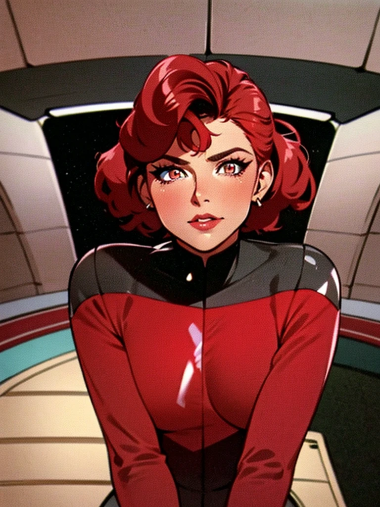 Outstanding picture quality, outstanding details, Ultra-high resolution, (Realism: 1.4), ((close up:0.75)), the best illustration, favor details, Highly concentrated for 1 very young Martian woman, beautiful and delicate face, Short tousled hair, Painted in fiery scarlet color(Vermilion hair), Brilliant golden eyes with vertical pupils, A very vulgar look, Bronzed Skin, sexually licks lips, Perfectly proportioned, (Slim:0.3, small breasts with hardened nipples), Wear a very tight fit (Deep kameltoe) Monolithic silver shiny Starfleet jumpsuit, Unbuttoned to the waist(Breasts are visible), I love metallic red, inside a spaceship, Spacecraft control panel, Vessel management, The captain's bridge of the spaceship in the background, sexy playful pose, full-length from a short distance