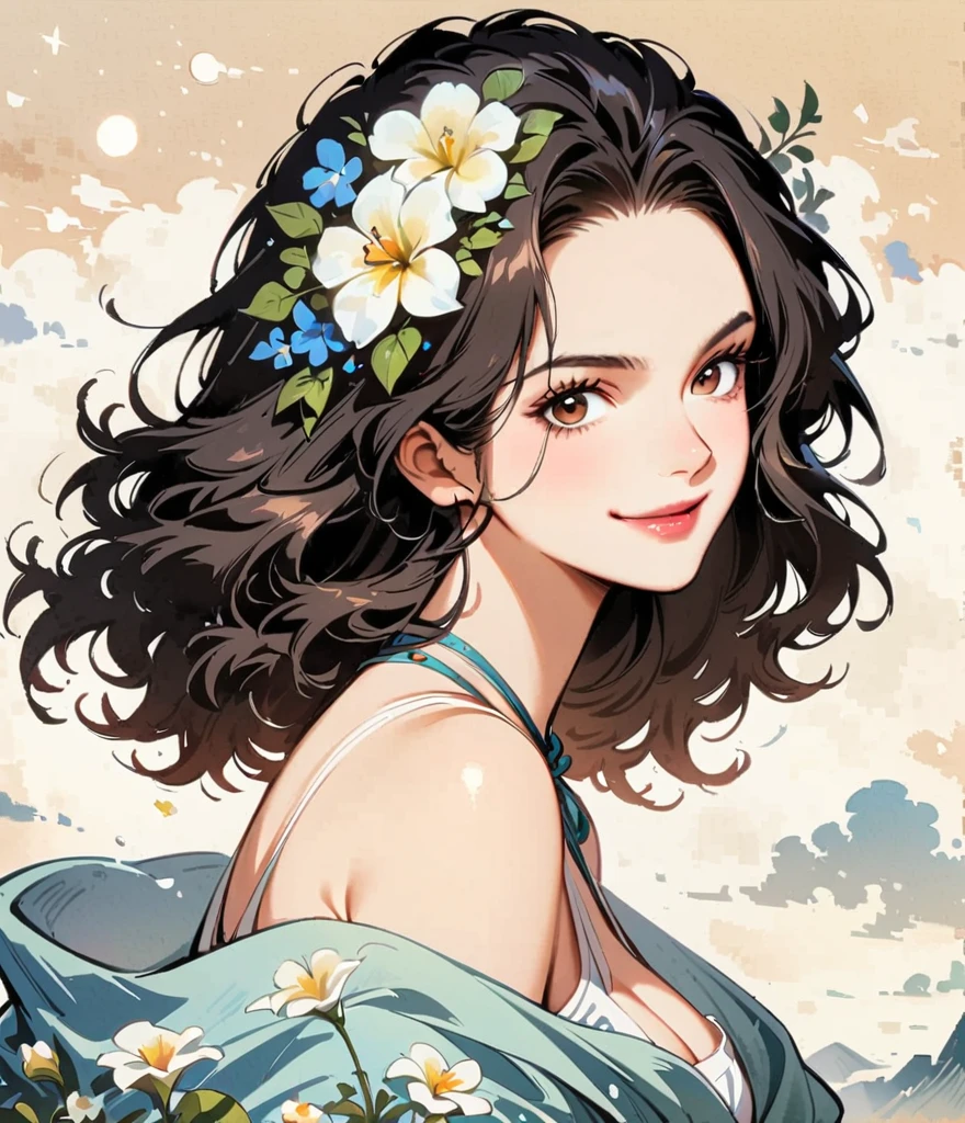 Get stronger、smile、Gardenia flowers、large white flowers、Cartoon style character design，1 Girl, alone，Cool look，one piece、Clean Lines