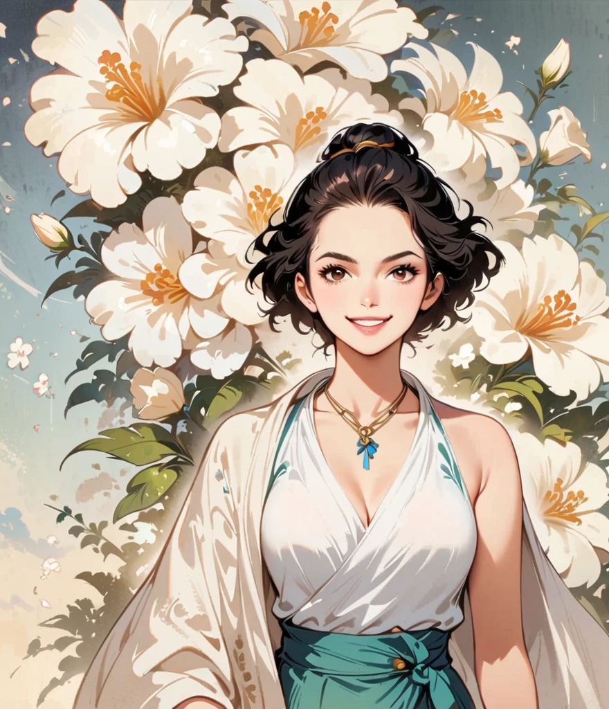 Get stronger、smile、Gardenia flowers、large white flowers、Cartoon style character design,1 Girl, alone,Cool look,one piece、Clean Lines