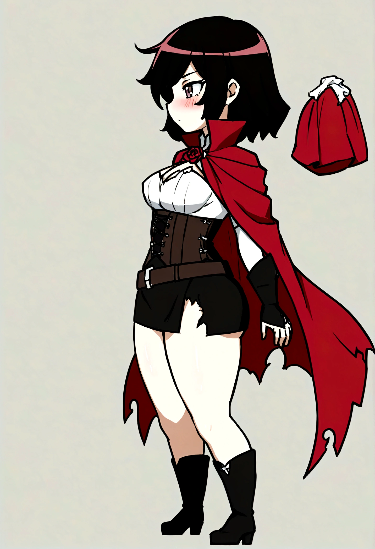 (1 girl),(rubi Rose from rwby), rubi_rwby,1 girl, shorth hair, Bblack hair, standing alone, cape, grey-eyed, red cloak, corset, thicc thighs, torn garments, torn thicc thighs, Black Skirt, zetai ryouiki, don, tissue, Pink, Torn Cape, black thicc thighs, anime coloring, flowers, waist belt,blush, simple background, from sideways, chibi