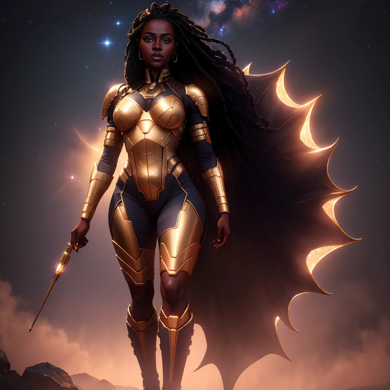 ((Full body photo, standing, feet on the ground)) 2girls ((realistic image of a beautiful African-American woman, dark skin color)), beautiful smile, ((looking at the night sky, standing natural pose, in front of the Millennium Falcon)), wearing mandallor armor, long mega hair hair, dreadlocks, ((kanekalon)), camera view against plongée, golden ratio, dark background lighting, close-up, detailed facial details, perfect face, sharpness, trend art, Sharp facial details, ultra high quality, line art, high fantasy, exquisite, 4k, soft lighting 8k, dreamy --iso 100
