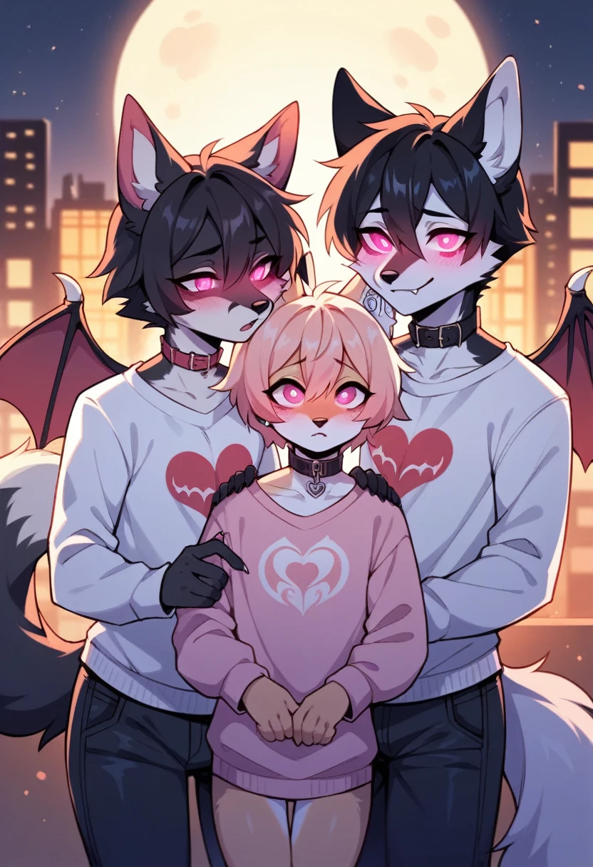 White fox, Pink Eyes, Genital tattoo, Uterus tattoo, short hair, Black Hair, Sweater man, Femboy, Bisexual men, Furry, City of night, Glowing Eyes, Emotionless, Long Tail, collar, masterpiece, puppet, Bat Wings, shy, White earphones, Fox&#39;s Tail, Highest quality, core, slime core, White body, Name: Yuki, Fox&#39;s Tail, Black Tail, Transfer Fox, Two boys(Snow Fox),  Boy, Open Court,