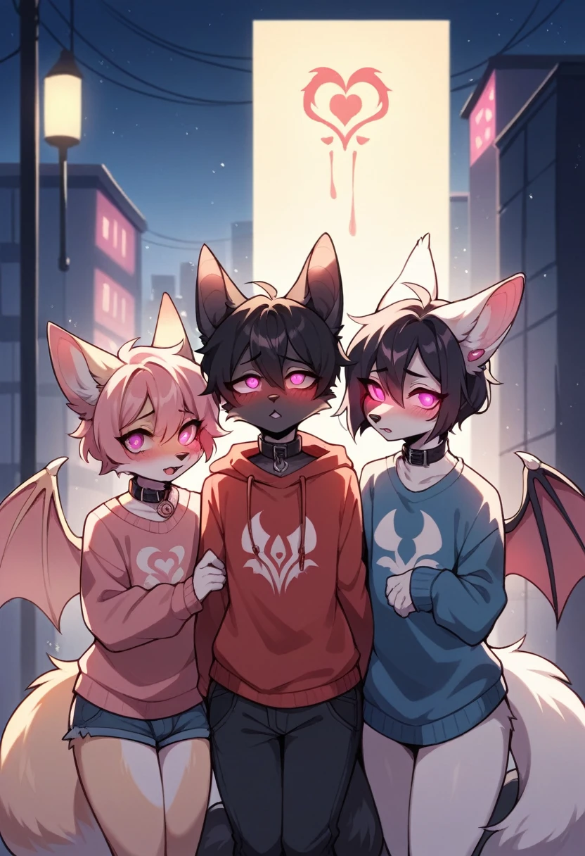 White fox, Pink Eyes, Genital tattoo, Uterus tattoo, short hair, Black Hair, Sweater man, Femboy, Bisexual men, Furry, City of night, Glowing Eyes, Emotionless, Long Tail, collar, masterpiece, puppet, Bat Wings, shy, White earphones, Fox's Tail, Highest quality, core, slime core, White body, Name: Yuki, Fox's Tail, Black Tail, Transfer Fox, Two boys(Snow Fox), Little Boy, Open Court,