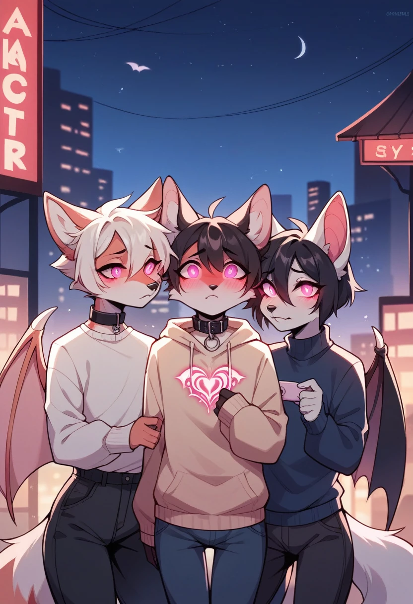 White fox, Pink Eyes, Genital tattoo, Uterus tattoo, short hair, Black Hair, Sweater man, Femboy, Bisexual men, Furry, City of night, Glowing Eyes, Emotionless, Long Tail, collar, masterpiece, puppet, Bat Wings, shy, White earphones, Fox's Tail, Highest quality, core, slime core, White body, Name: Yuki, Fox's Tail, Black Tail, Transfer Fox, Two boys(Snow Fox), Little Boy, Open Court,
