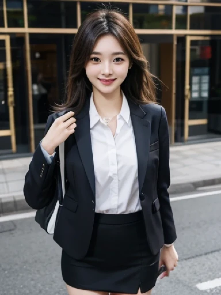 Japanese、18 year old girl、Very slim、((Smiling))、business suit、Business district、mini skirt
