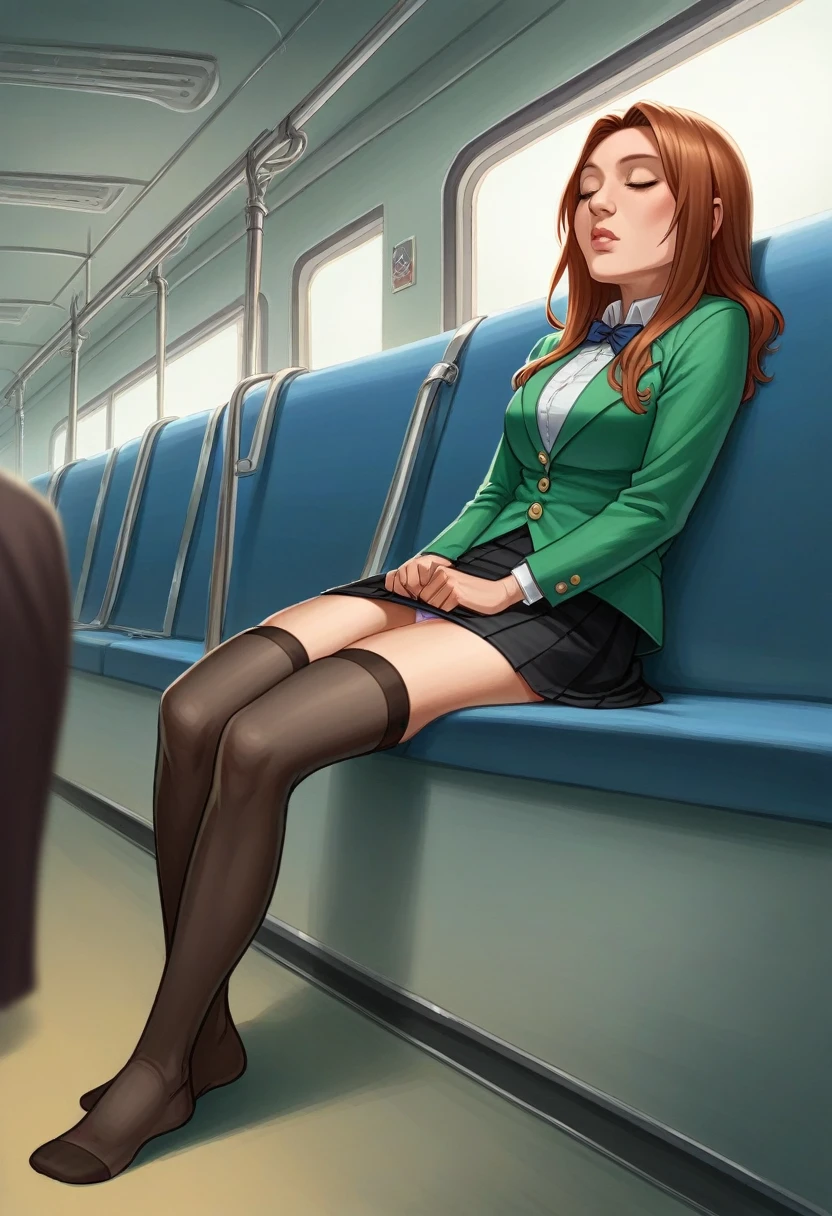 (masterpiece, best quality, 8k, RAW photo, beautiful and aesthetic:1.2), complex detail, Indirect light, photorealistic, full body, (sitting in train, black seats) Bohemian paisley circle skirt in earthy brown with a button-front closure, women , sitting chair , under skirt, thighhighs, no underwear, (panties visible), pantyshot, glowing, closed eyes, sleeping, parted_lips