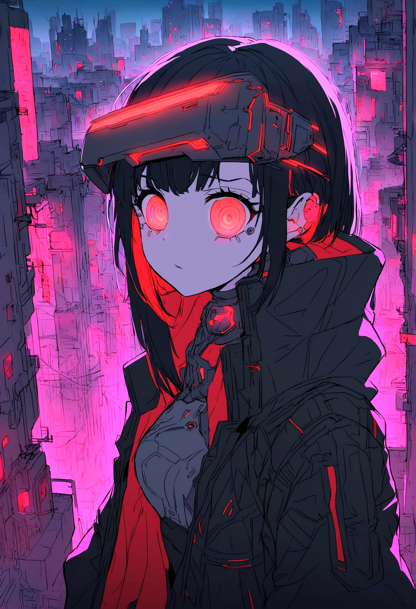 cyberpunk anime girl, black hair with red highlights, big glowing cybernetic eyes, black leagwear, red neons around, futuristic visor, Dystopian city in the background, High-tech aesthetics, advanced technology details