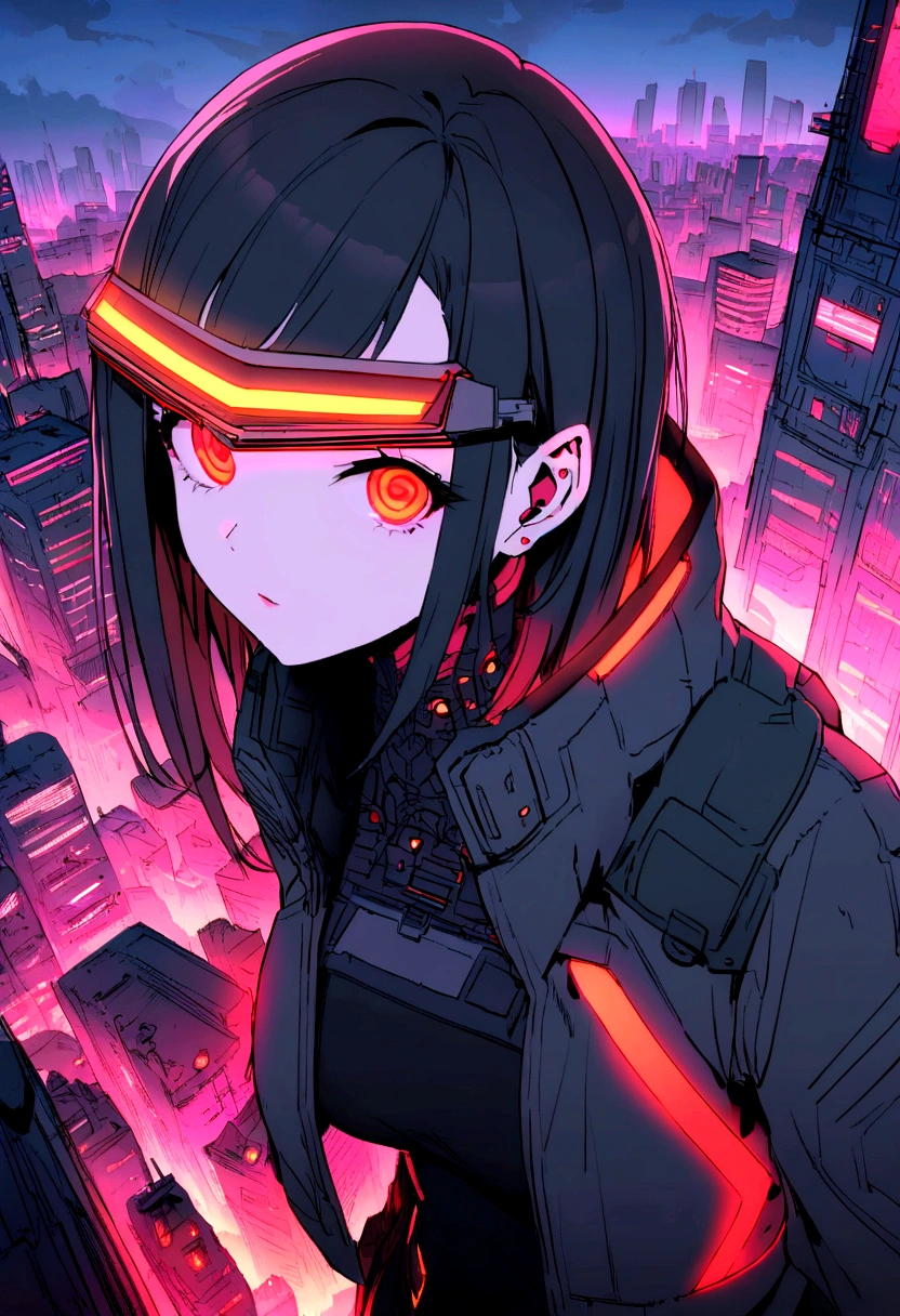 cyberpunk anime girl, black hair with red highlights, big glowing cybernetic eyes, black leagwear, red neons around, futuristic visor, Dystopian city in the background, High-tech aesthetics, advanced technology details