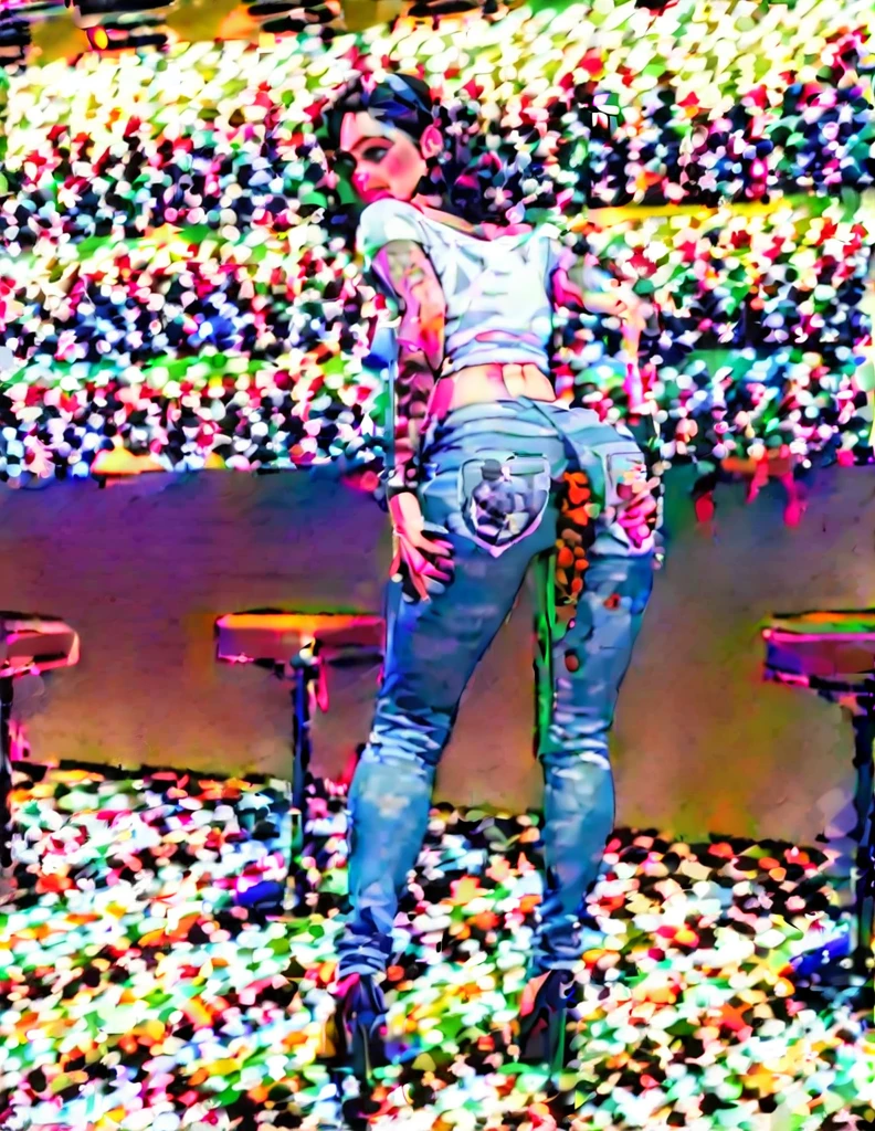 1girl, pretty face, cute eyes, fit body, brown curly hair, many tattoos, white crop top, tight blue jeans, black heels, seductive facial espressions, both hands on ass, in a bar, at night, dirty jeans, dirty floor, dirty clothes, pooping liquid poop, (((make the whole image filthy and dirty))), (((liquid poop overflowing from jeans))), stinky atmosphere, filthy atmosphere, liquid poop on jeans, disgusting bar(((extreme amount of liquid poop dripping from jeans)), too much liquid poop on jeans,