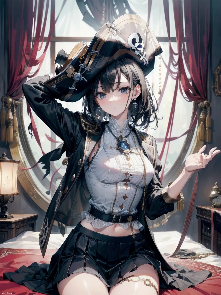 absurdres, RAW photo, extremely delicate and beautiful, masterpiece, Best Quality, ultra high resolution, 32k, hyperrealistic, ultra-detailed, delicate facial features, beautiful detailed woman, tearful mole, earring, medium breasts, full body shot, medium hair, black hair, (Practical pirate clothing), Long-sleeved pirate top, Skirt, torn pirate hat,