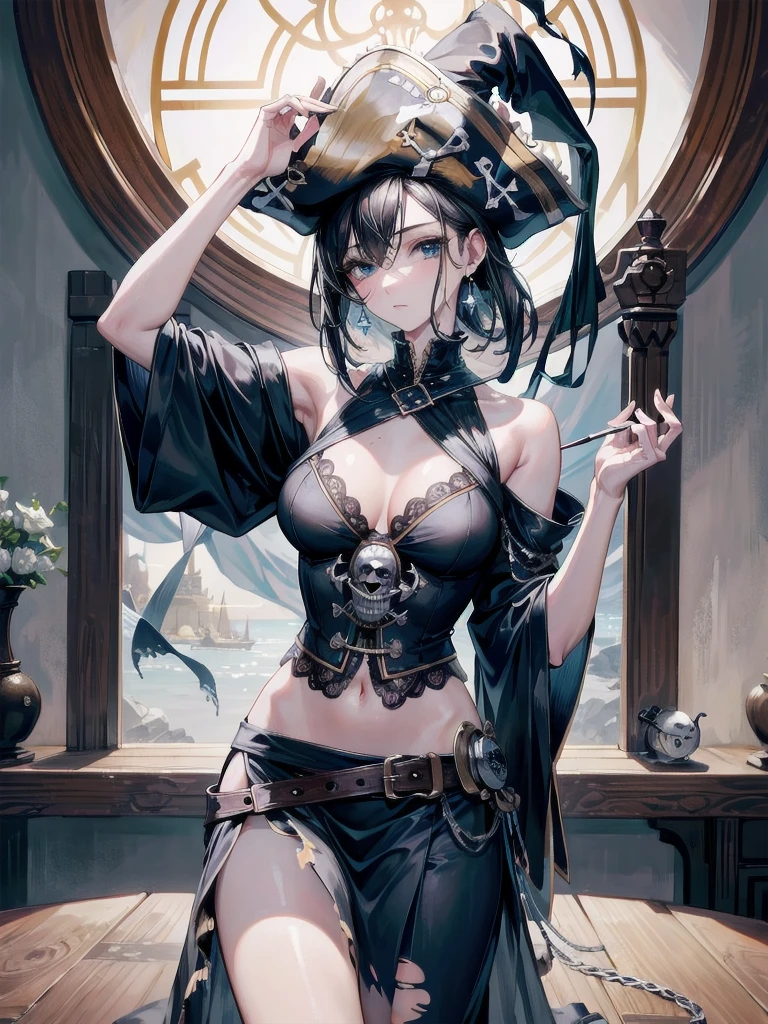 absurdres, RAW photo, extremely delicate and beautiful, masterpiece, Best Quality, ultra high resolution, 32k, hyperrealistic, ultra-detailed, delicate facial features, beautiful detailed woman, tearful mole, earring, medium breasts, full body shot, medium hair, black hair, (Practical pirate clothing), Long-sleeved pirate top, Skirt, torn pirate hat,