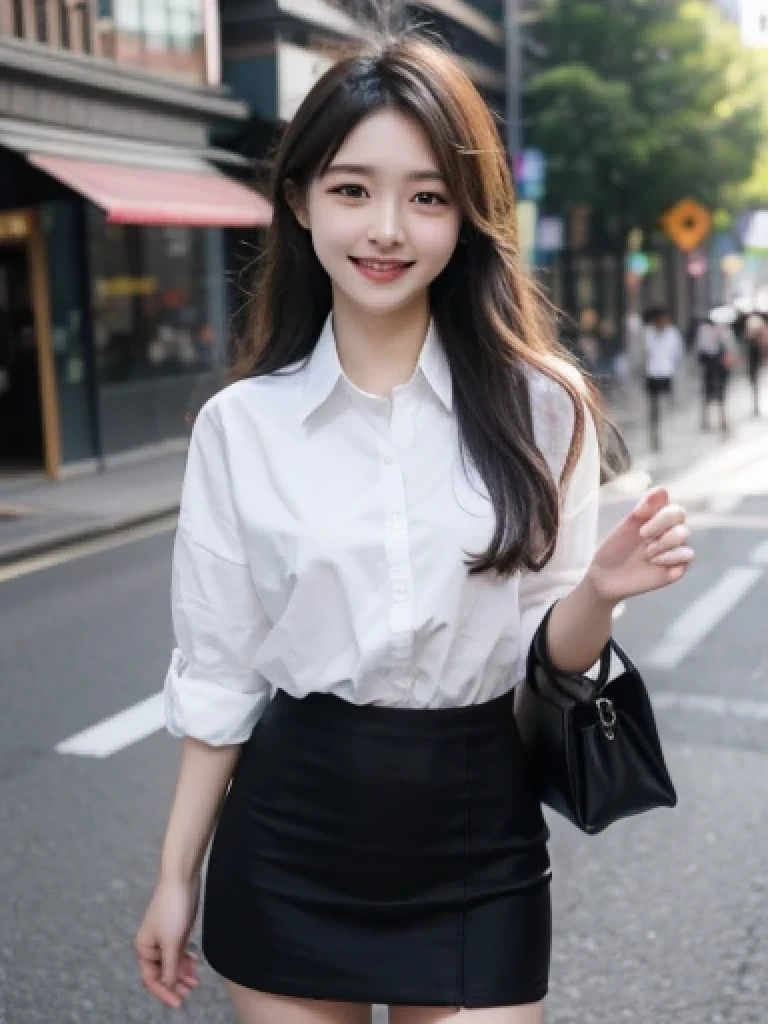 Japanese、18 year old girl、Very slim、((Smiling))、business suit、Business district、mini skirt