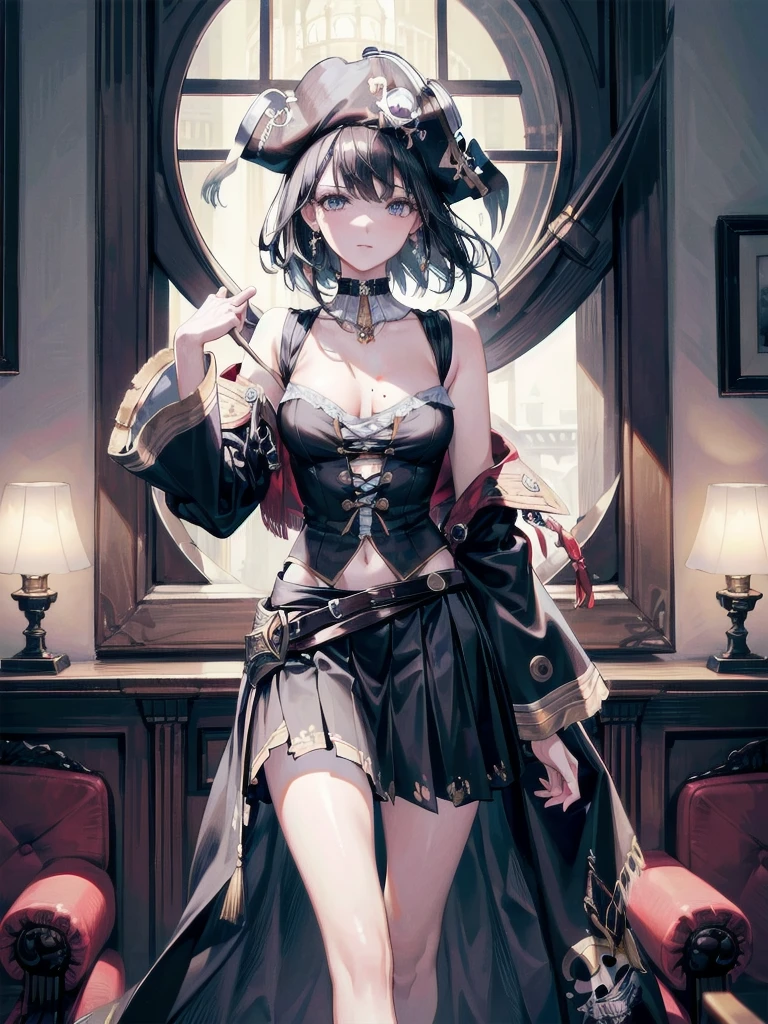 absurdres, RAW photo, extremely delicate and beautiful, masterpiece, Best Quality, ultra high resolution, 32k, hyperrealistic, ultra-detailed, delicate facial features, beautiful detailed woman, tearful mole, earring, medium breasts, full body shot, medium hair, black hair, (Practical pirate clothing), Long-sleeved pirate top, Skirt, torn pirate hat,