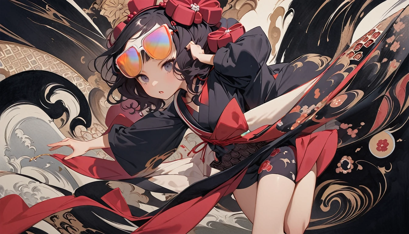 (((Katsushika Hokusai))), (((Ink Painting))), ((Japanese style headphones)), (((Girl possessed by a demon))), ((Light colored sunglasses)), (Japanese pattern hoodie, Japanese pattern shorts), (Black shiny hair, Beige skin), ((dancing)), (surreal, digital painting)