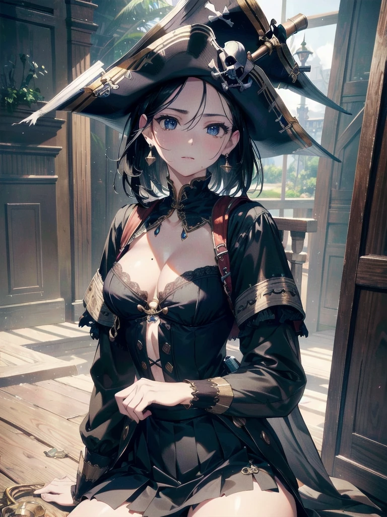 absurdres, RAW photo, extremely delicate and beautiful, masterpiece, Best Quality, ultra high resolution, 32k, hyperrealistic, ultra-detailed, delicate facial features, beautiful detailed woman, tearful mole, earring, medium breasts, full body shot, medium hair, black hair, (Practical pirate clothing), Long-sleeved pirate top, Skirt, torn pirate hat,