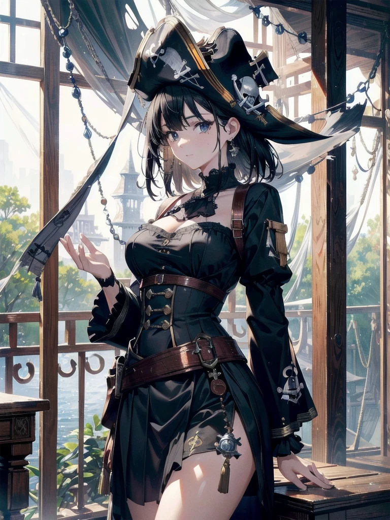 absurdres, RAW photo, extremely delicate and beautiful, masterpiece, Best Quality, ultra high resolution, 32k, hyperrealistic, ultra-detailed, delicate facial features, beautiful detailed woman, tearful mole, earring, medium breasts, full body shot, medium hair, black hair, (Practical pirate clothing), Long-sleeved pirate top, Skirt, torn pirate hat,