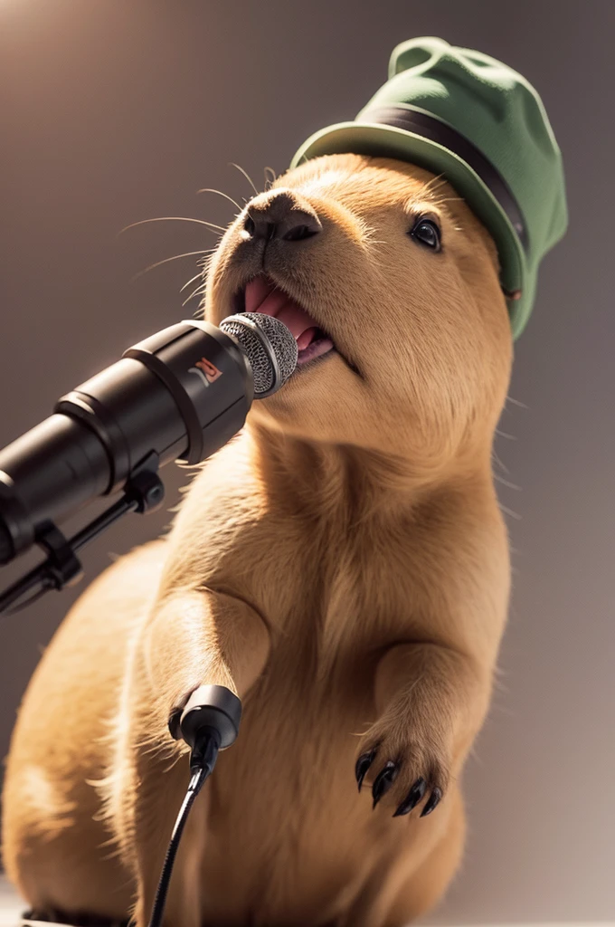 Cute capybara singing with microphone and hat