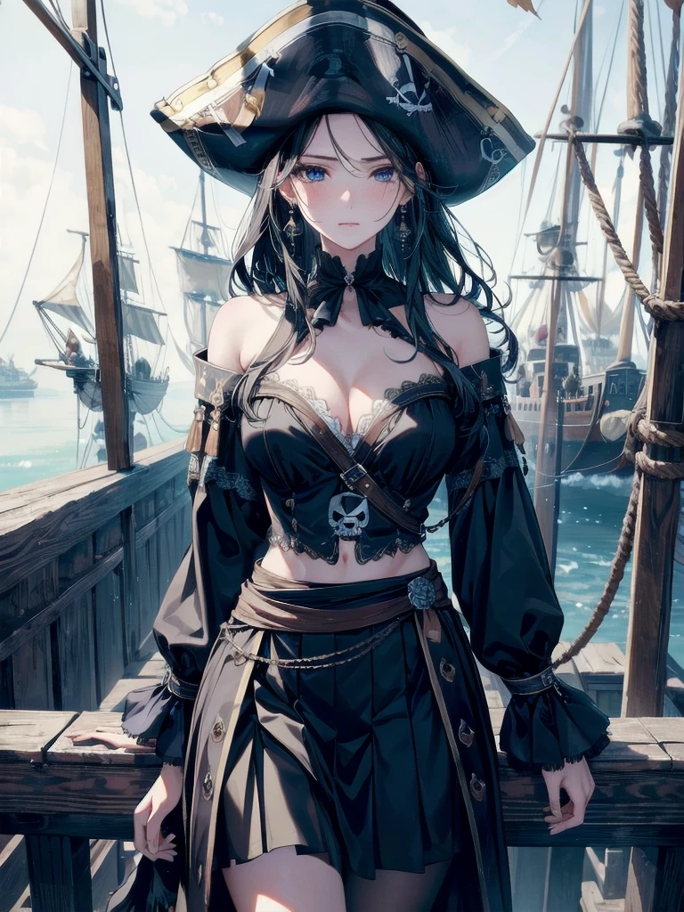 absurdres, RAW photo, extremely delicate and beautiful, masterpiece, Best Quality, ultra high resolution, 32k, hyperrealistic, ultra-detailed, delicate facial features, beautiful detailed woman, tearful mole, earring, medium breasts, full body shot, medium hair, black hair, (Practical pirate clothing), Long-sleeved pirate top, Skirt, torn pirate hat,