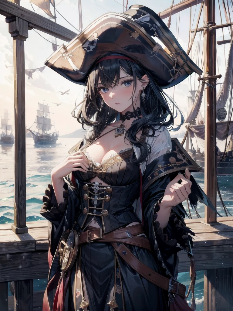 absurdres, RAW photo, extremely delicate and beautiful, masterpiece, Best Quality, ultra high resolution, 32k, hyperrealistic, ultra-detailed, delicate facial features, beautiful detailed woman, tearful mole, earring, medium breasts, full body shot, medium hair, black hair, (Practical pirate clothing), Long-sleeved pirate top, Skirt, torn pirate hat,