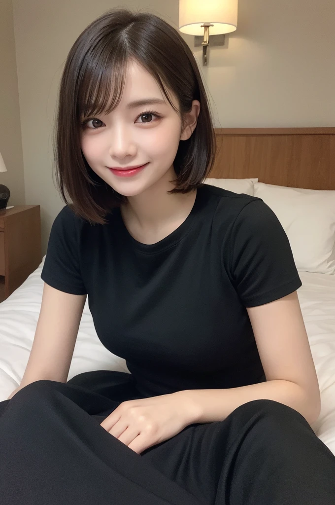 Selfie、Black clothes、Light clothing、Laughing、bed、Lying down、Very short hair、short、ベリーshortカット、Highest quality, figure, Super detailed, In detail, High resolution, 8k wallpaper, Perfect dynamic composition, Beautiful attention to detail, dress,Medium Hair, Small breasts、Natural color lip, Random sexy poses,smile,24-years-old