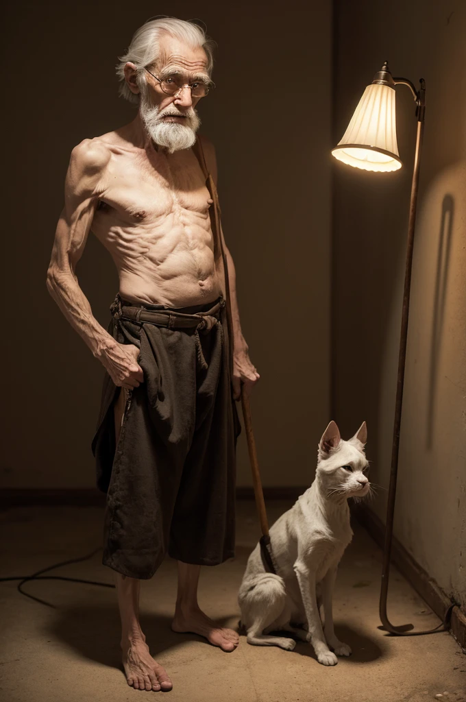 Old man, Skinny, emaciated, wearing a tail cover, with a cane in his right hand and a lamp in his left hand.