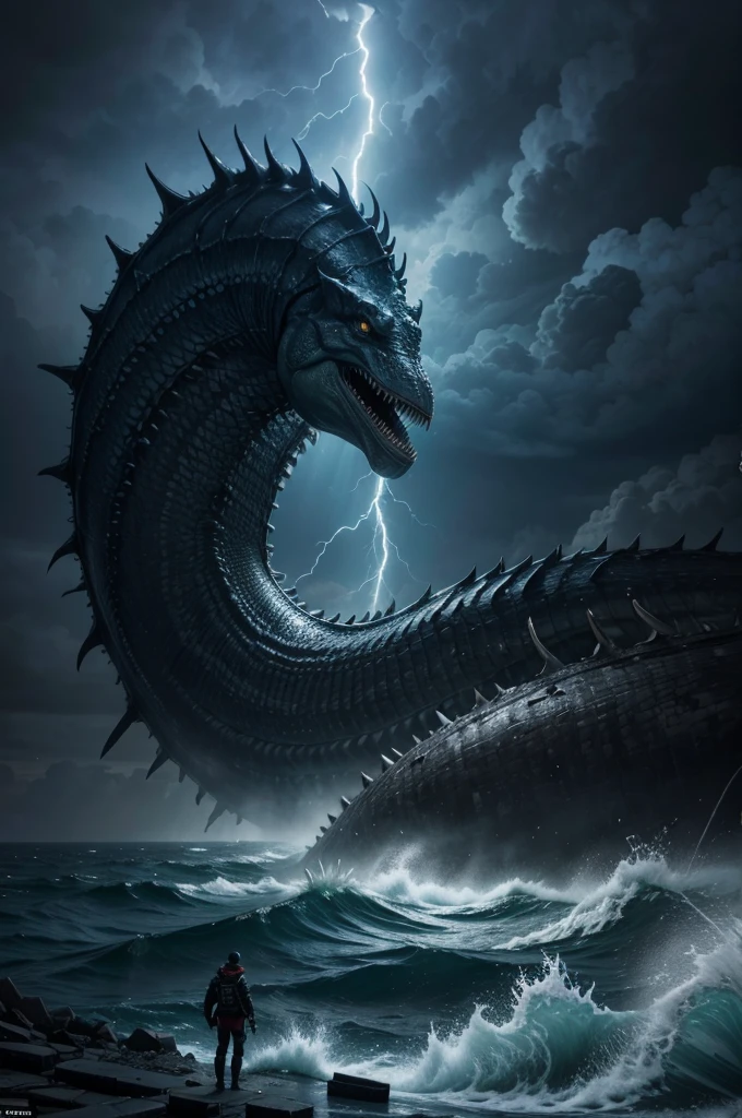 Create an ultra-realistic image of Leviathan, the massive sea monster from biblical descriptions. Leviathan has impenetrable armor-like scales, fearsome teeth, and eyes like the rays of dawn. Out of its mouth shoot sparks of fire, and smoke pours from its nostrils. Place Leviathan in a dark, stormy ocean with towering waves and lightning illuminating the scene. Leviathan should be emerging from the water, dwarfing the ruins of a destroyed city in the background. The ruins, partially submerged, should show twisted metal and crumbling buildings. Include small, glowing remnants of advanced technology among the ruins. The scene should evoke awe and fear, highlighting Leviathan's power and the desolation of the world around it.