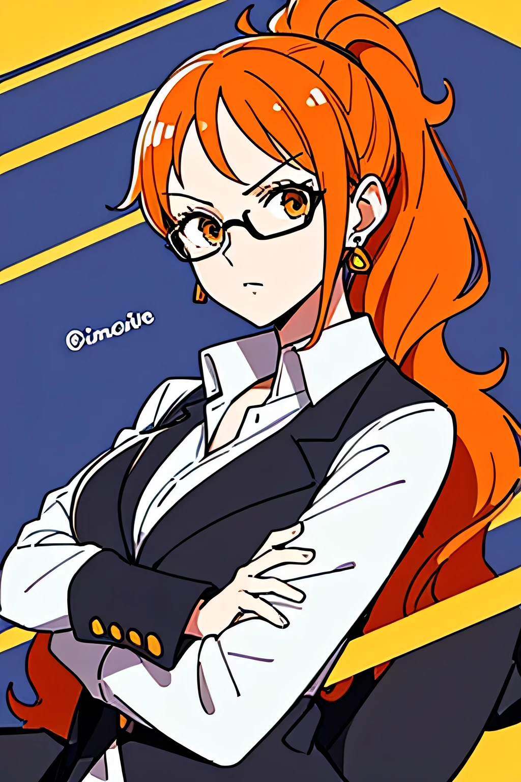 nami (one piece), General, 1girl, alternate costume, black jacket, crossed arms, earrings, glasses, jacket, jewelry, long hair, long sleeves, looking at viewer, office lady, orange eyes, orange hair, ponytail, shirt, solo, twitter username, upper body, white background, white shirt